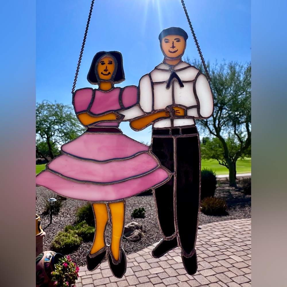 Handmade Stained Glass Sun Catcher Square Dancing couple. Hanging chain attached
